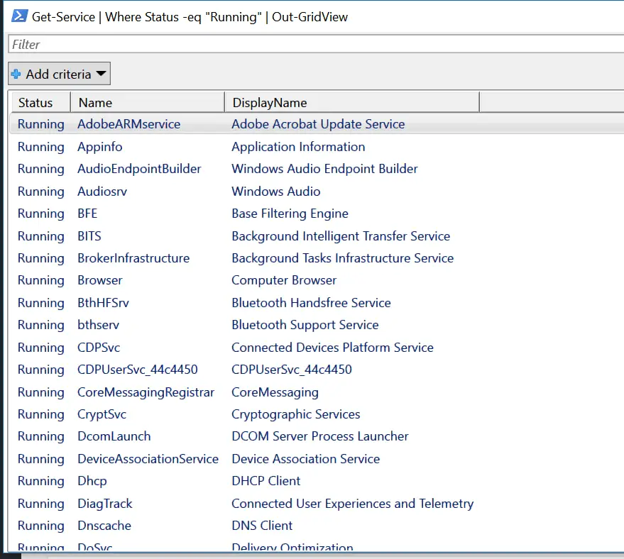 Display a list of Started Services from the command line in Windows 10