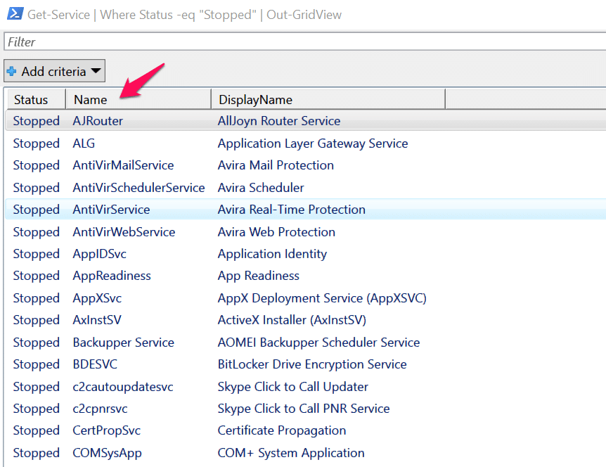 Display a list of Started Services from the command line in Windows 10