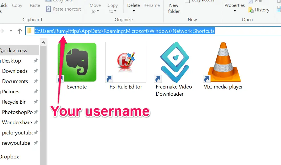 Add network shortcut in windows 10 file explorer menu