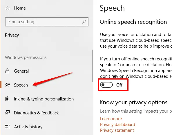 turn off speech recognition