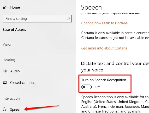 How to turn off speech recognition on Windows 10