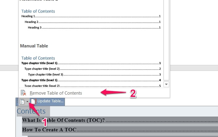 word 2016 table of contents delete the color