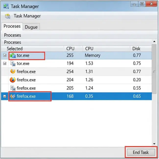 Windows Task Manager showing tor.exe and firefox.exe processes selected for termination to restart Tor Browser and fix “Tor Browser not working.”