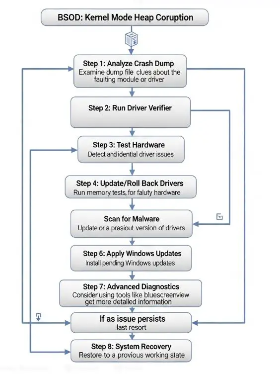 Flowchart for diagnosing Kernel Mode Heap Corruption in Windows