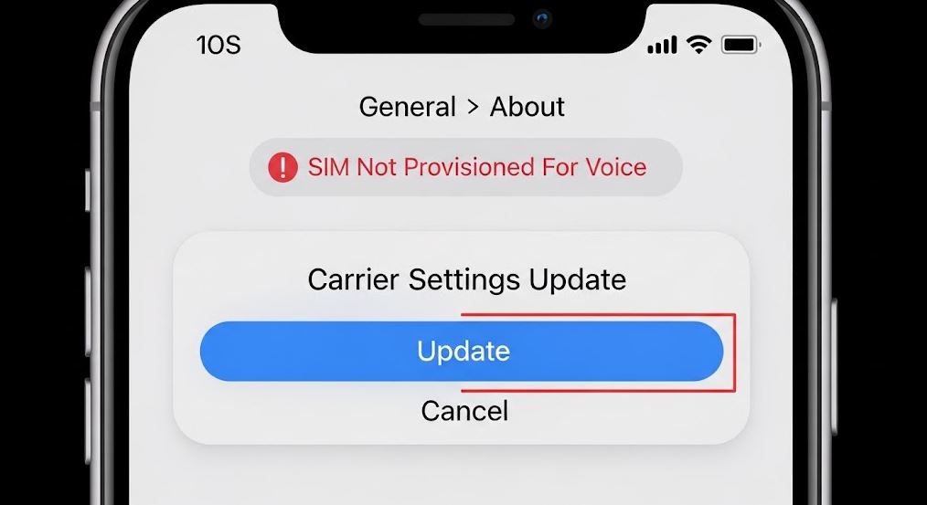 iOS carrier settings update screen to fix SIM Not Provisioned For Voice error.