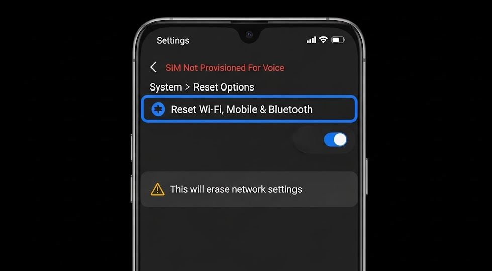 Android network reset screen to fix SIM Not Provisioned For Voice error.