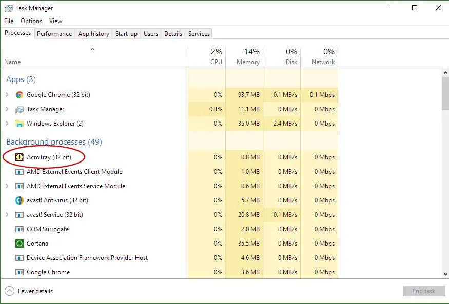 Disable Acrotray via Task Manager
