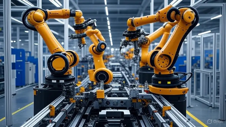 Tesla Gigafactory production line with robotic arms