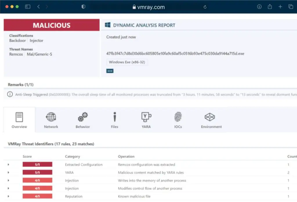 VMRay Analyzer interface for zero-day detection