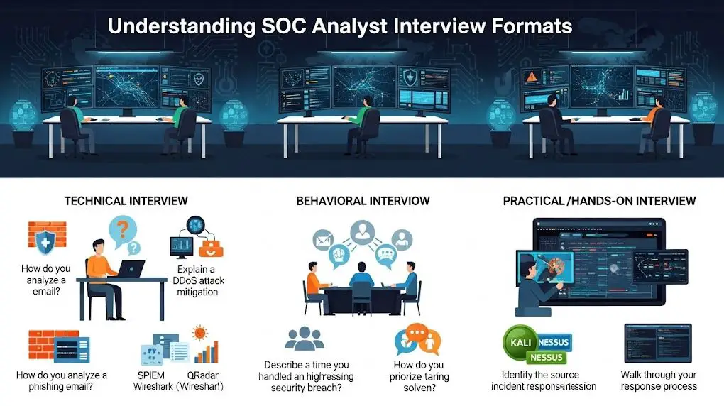 Table of SOC analyst interview formats for 2025 interview preparation.